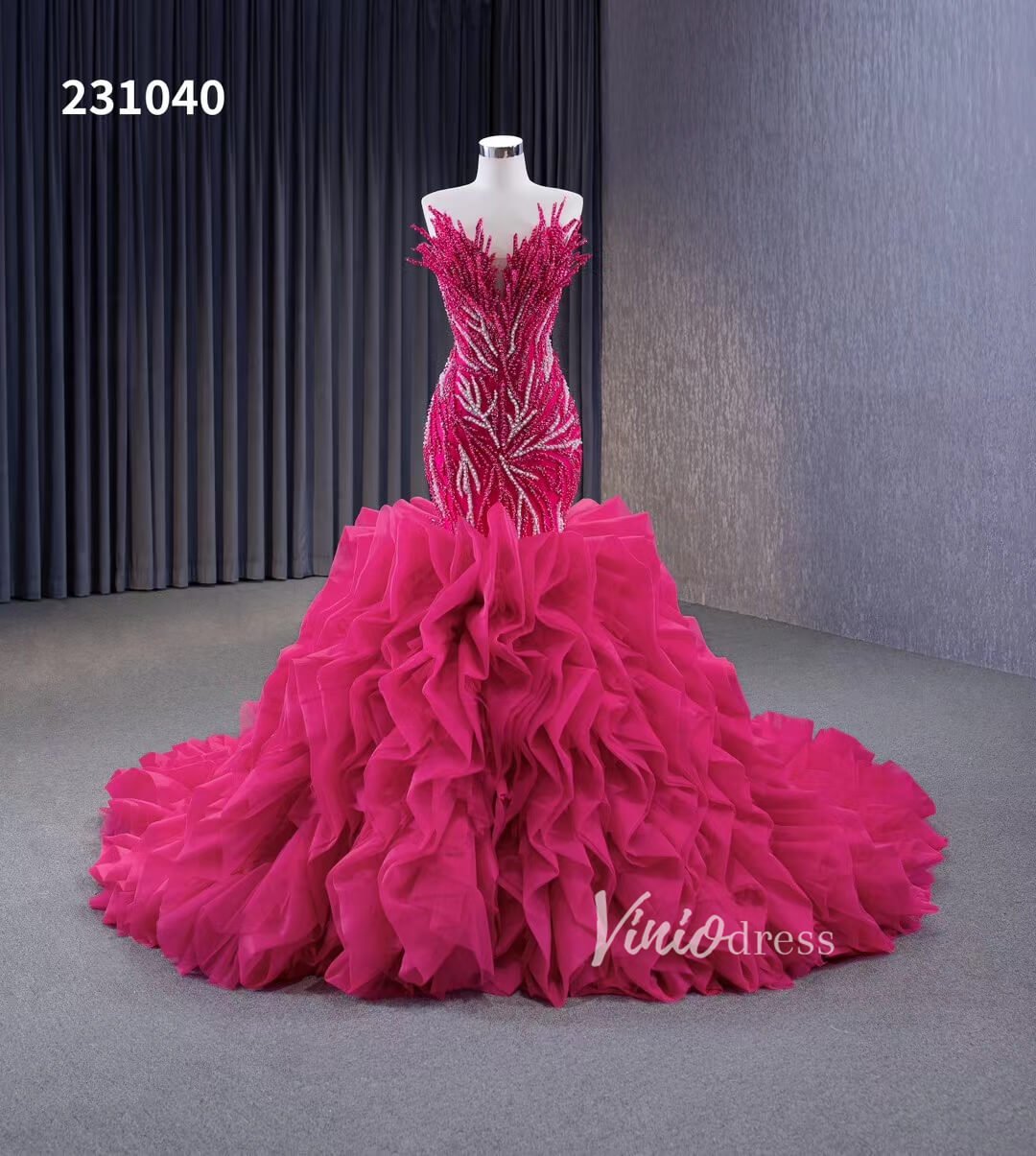 White Pearl Mermaid Wedding Dresses Tiered Strapless Pageant Dress 231040-wedding dresses 2025 -Viniodress-Fuchsia-Custom Size-