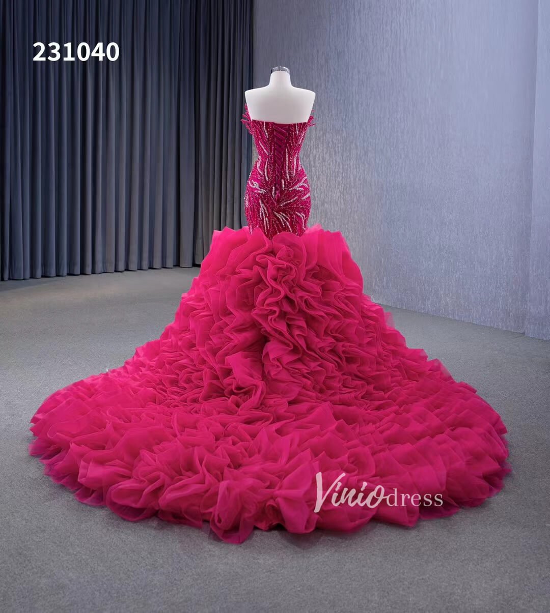 White Pearl Mermaid Wedding Dresses Tiered Strapless Pageant Dress 231040-wedding dresses 2025 -Viniodress-Fuchsia-Custom Size-