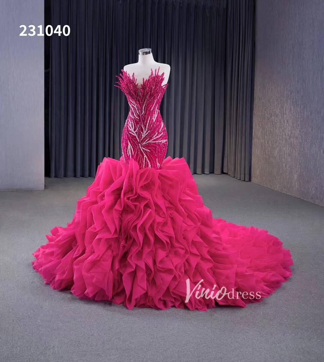 White Pearl Mermaid Wedding Dresses Tiered Strapless Pageant Dress 231040-wedding dresses 2025 -Viniodress-Fuchsia-Custom Size-