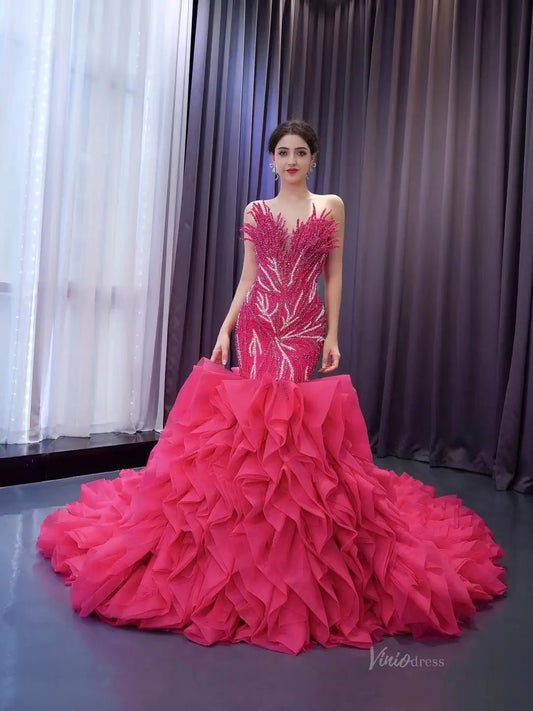 White Pearl Mermaid Wedding Dresses Tiered Strapless Pageant Dress 231040-wedding dresses 2025 -Viniodress-Fuchsia-Custom Size-