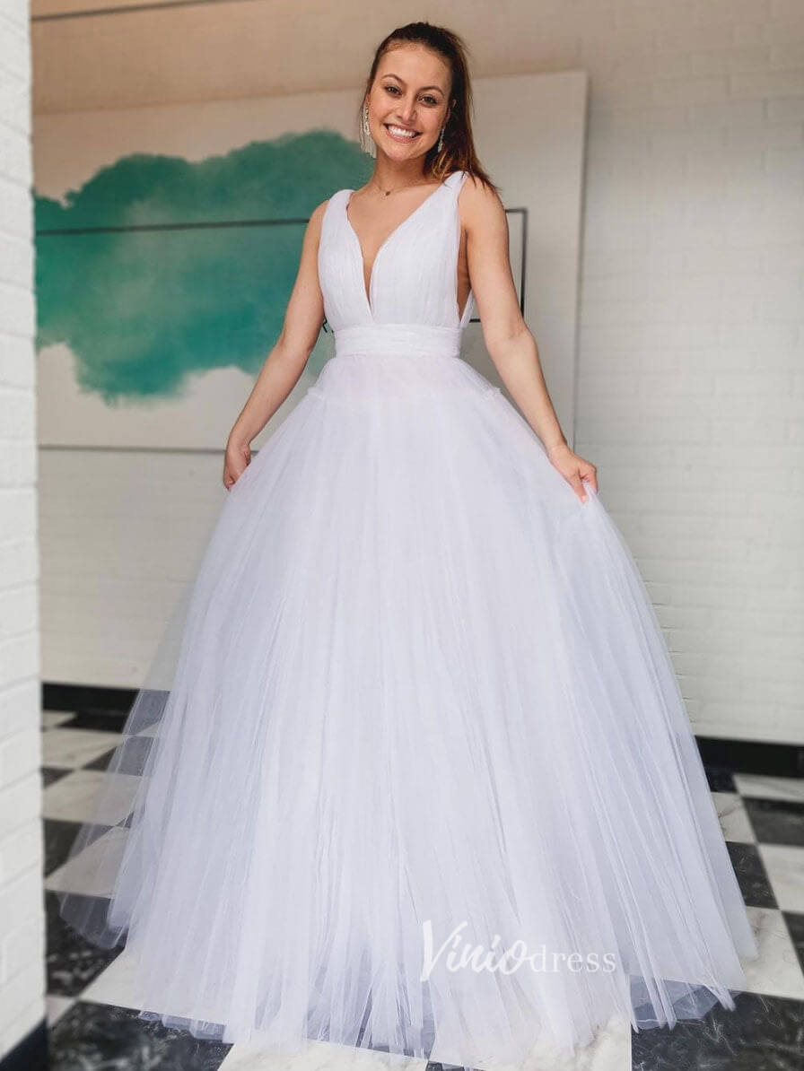 Prom Dress 2025 White Plunging V-Neck Prom Dresses Tulle A-Line Evening Dress FD3069-unique prom dresses-White-Custom Size-Viniodress