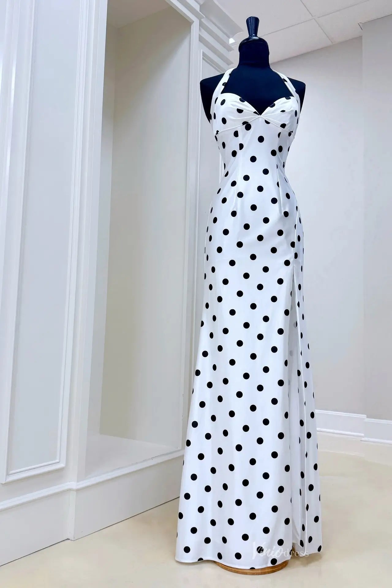 White Polka Dot Halter Mermaid Prom Dresses with Slit & Open Back SS135-Prom Dresses 2026-Viniodress-White-Custom Size-