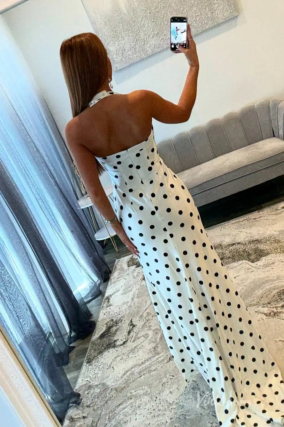 White Polka Dot Halter Mermaid Prom Dresses with Slit & Open Back SS135-Prom Dresses 2026-Viniodress-White-Custom Size-