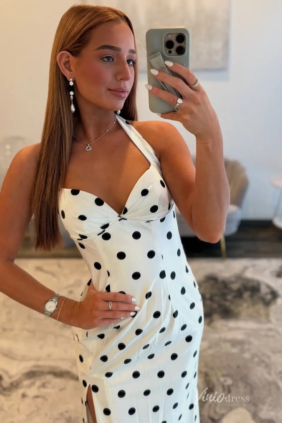 White Polka Dot Halter Mermaid Prom Dresses with Slit & Open Back SS135-Prom Dresses 2026-Viniodress-White-Custom Size-