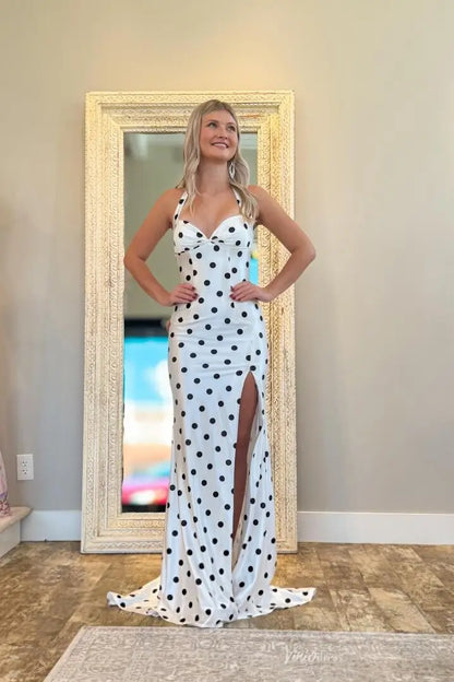 White Polka Dot Halter Mermaid Prom Dresses with Slit & Open Back SS135-Prom Dresses 2026-Viniodress-White-Custom Size-