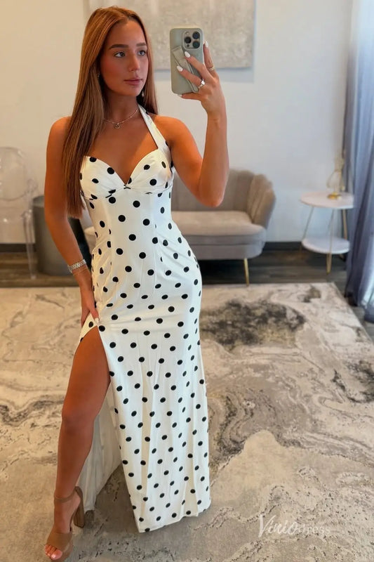 White Polka Dot Halter Mermaid Prom Dresses with Slit & Open Back SS135-Prom Dresses 2026-Viniodress-White-Custom Size-