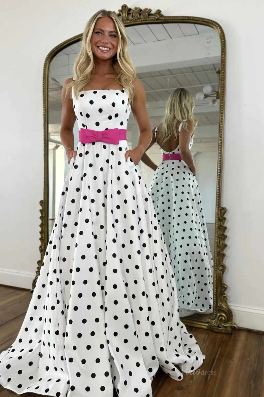 White Polka Dot Prom Dress with Pink Bow Sash, Square Neckline & Pockets – AS094-prom dresses 2026-Viniodress-White-US 0-