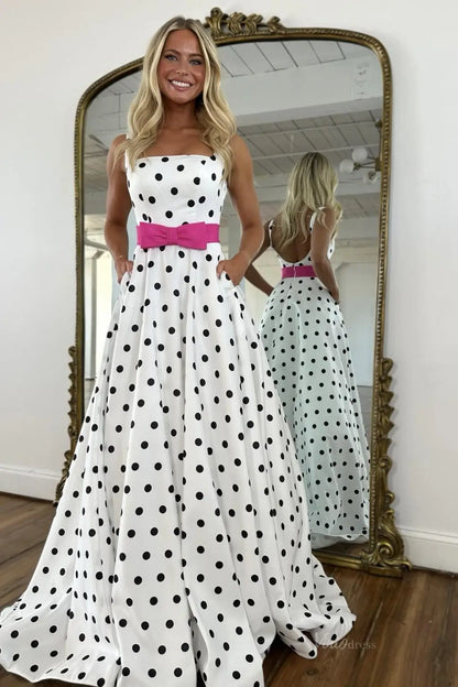 White Polka Dot Prom Dress with Pink Bow Sash, Square Neckline & Pockets – AS094-prom dresses 2026-Viniodress-White-US 0-
