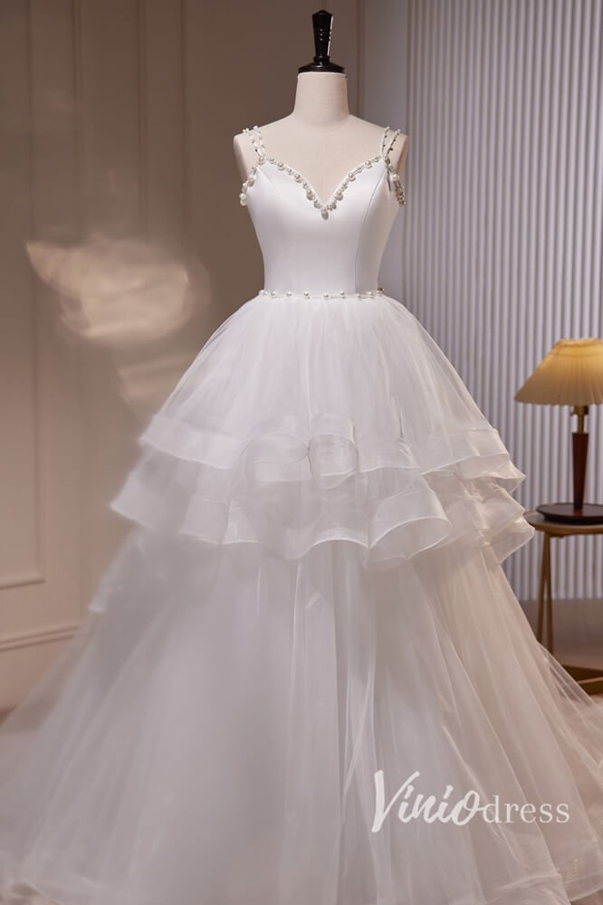 White Ruffled Prom Dresses Spaghetti Strap Formal Dress AD1048-prom dresses 2025 -Viniodress-White-Custom Size-