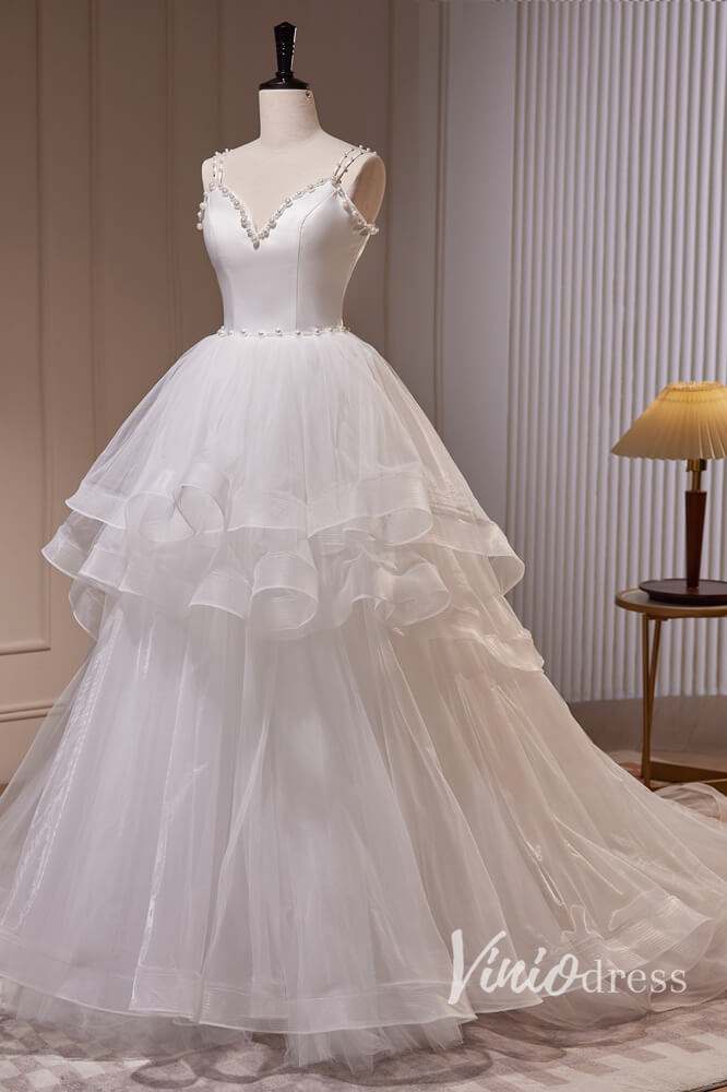 White Ruffled Prom Dresses Spaghetti Strap Formal Dress AD1048-prom dresses 2025 -Viniodress-White-Custom Size-