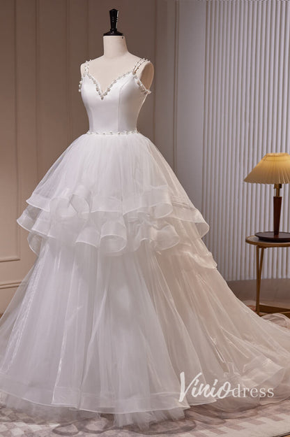 White Ruffled Prom Dresses Spaghetti Strap Formal Dress AD1048-prom dresses 2025 -Viniodress-White-Custom Size-