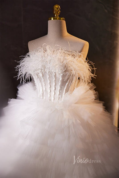 White Ruffled Quinceanera Dresses with Feathers Strapless Ball Gown AD1095-Quinceanera Dresses 2025 -Viniodress-White-Custom Size-