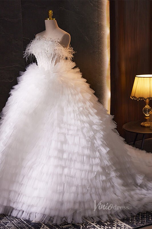 White Ruffled Quinceanera Dresses with Feathers Strapless Ball Gown AD1095-Quinceanera Dresses 2025 -Viniodress-White-Custom Size-