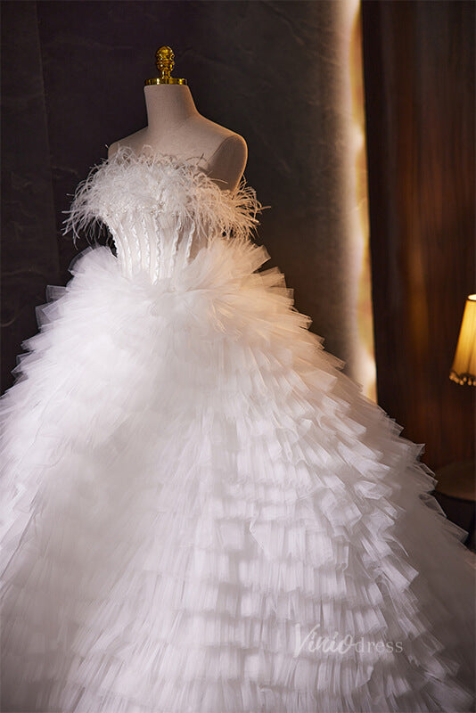 White Ruffled Quinceanera Dresses with Feathers Strapless Ball Gown AD1095-Quinceanera Dresses-Viniodress-Viniodress