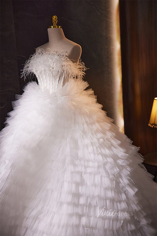 White Ruffled Quinceanera Dresses with Feathers Strapless Ball Gown AD1095 - ViniodressQuinceanera DressesWhiteCustom Size - Formal Dresses - Ball Gowns