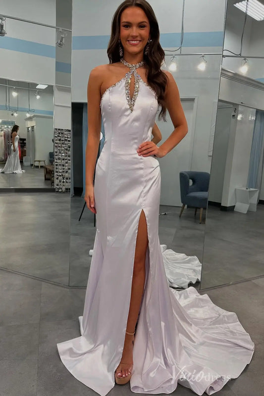 White Satin Halter Prom Dress with Keyhole Neckline, Crystal Straps, High Slit, and Sweep Train – SS051-prom dresses 2025 -Viniodress-White-Custom Size-