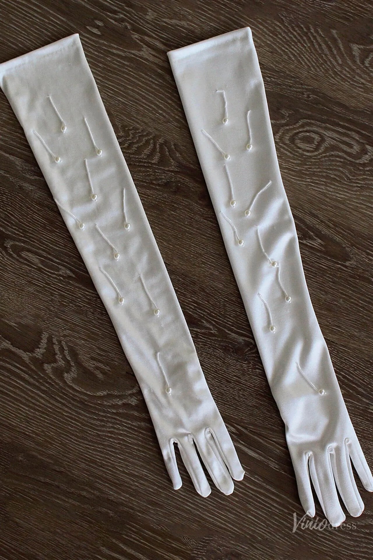 White Satin Opera Bridal Gloves with Floral Drop Details – Long Elegant Wedding Gloves for Women WG218-Bridal Gloves 2026-Viniodress-Ivory-Flower-