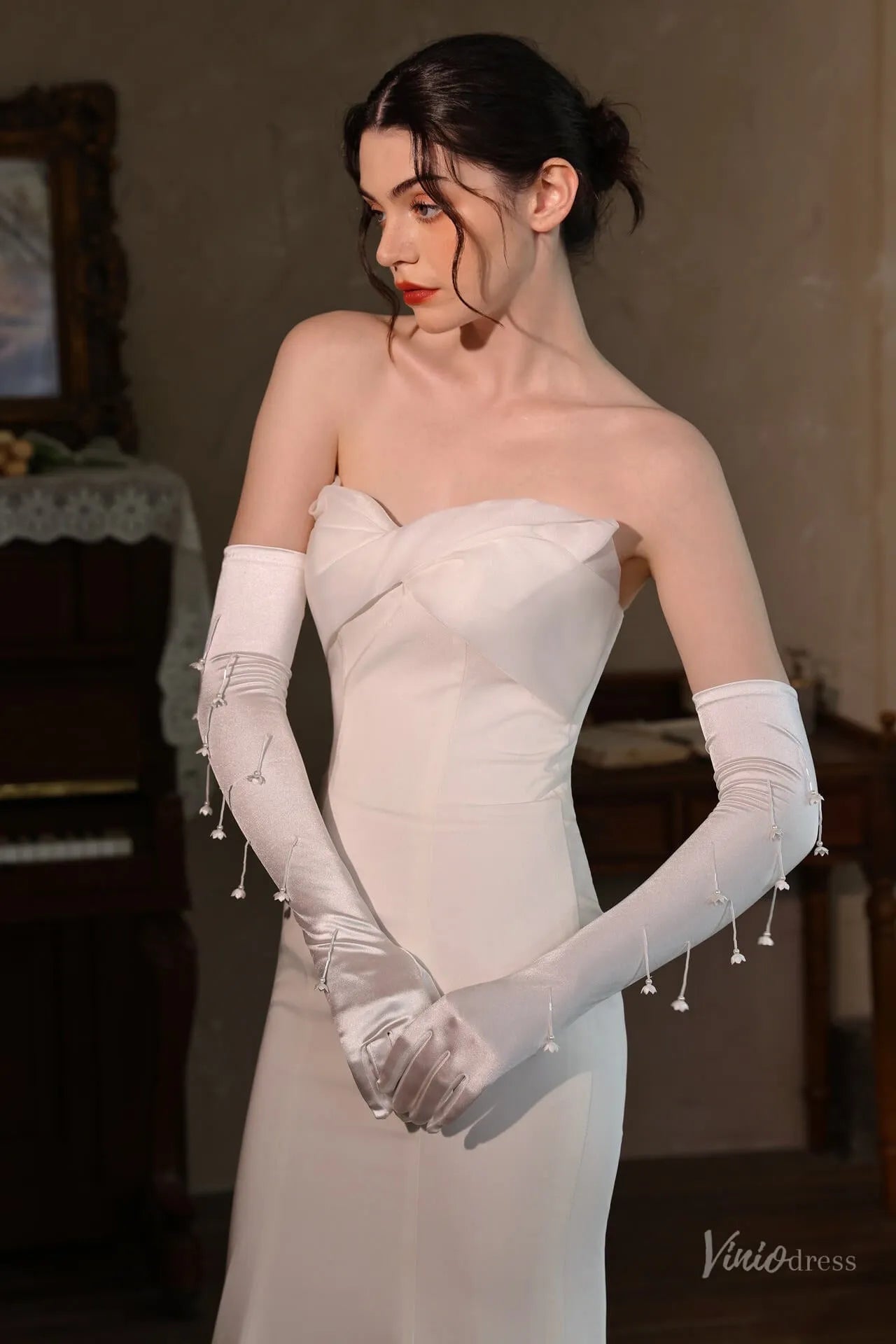 White Satin Opera Bridal Gloves with Floral Drop Details – Long Elegant Wedding Gloves for Women WG218-Bridal Gloves 2026-Viniodress-Ivory-Flower-