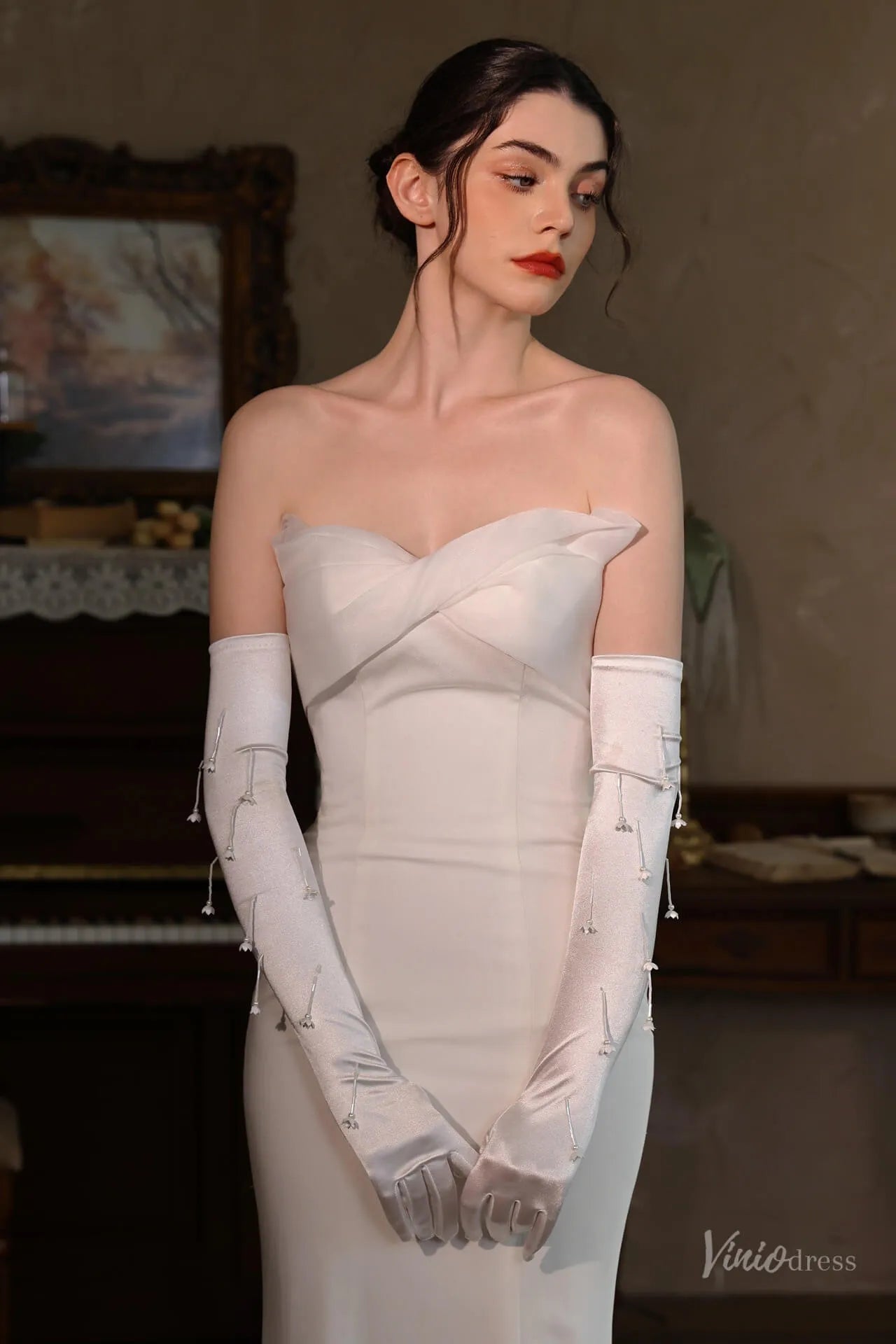 White Satin Opera Bridal Gloves with Floral Drop Details – Long Elegant Wedding Gloves for Women WG218-Bridal Gloves 2026-Viniodress-Ivory-Flower-