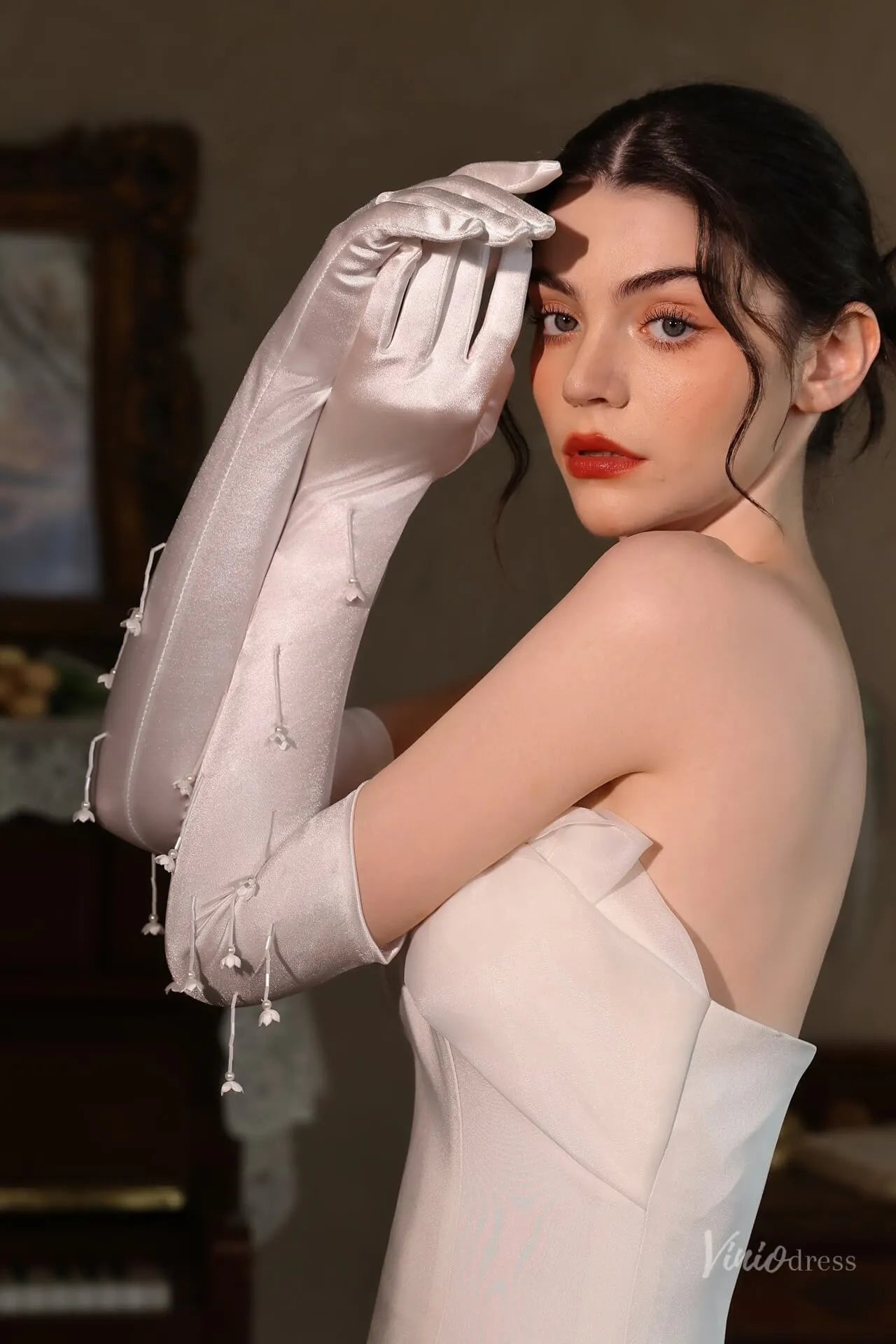White Satin Opera Bridal Gloves with Floral Drop Details – Long Elegant Wedding Gloves for Women WG218-Bridal Gloves 2026-Viniodress-Ivory-Flower-