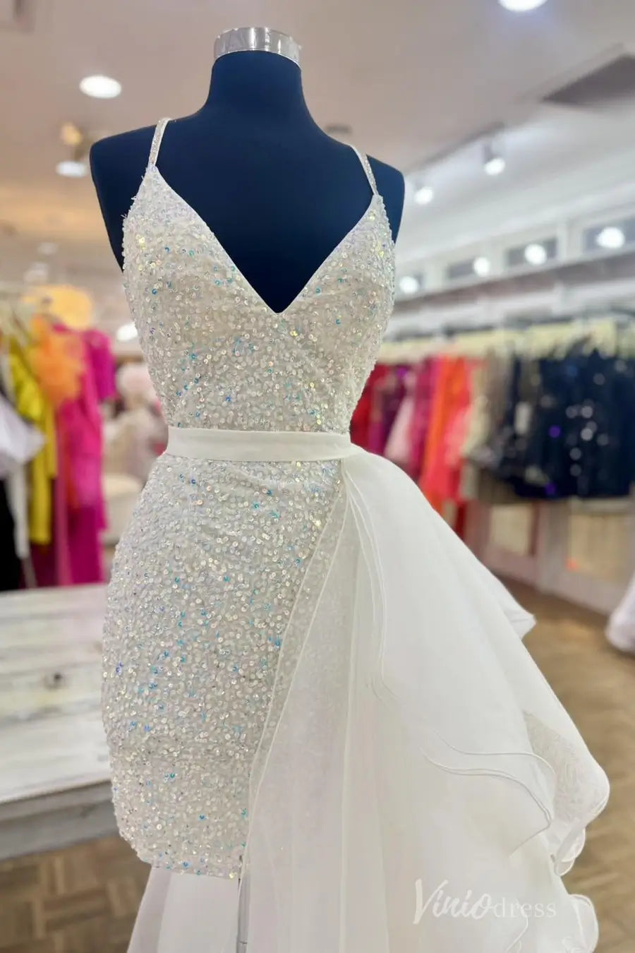 White Sequin Pageant Dress with V-Neck Spaghetti Straps, Layered Ruffle Tulle Overskirt – PG005-prom dresses 2025 -Viniodress-Ivory-Custom Size-