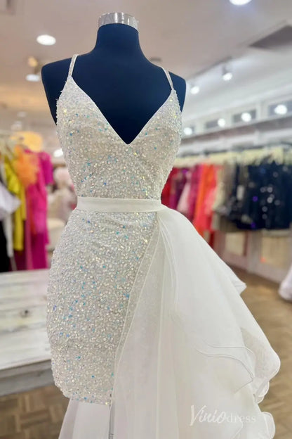 White Sequin Pageant Dress with V-Neck Spaghetti Straps, Layered Ruffle Tulle Overskirt – PG005-prom dresses 2025 -Viniodress-Ivory-Custom Size-