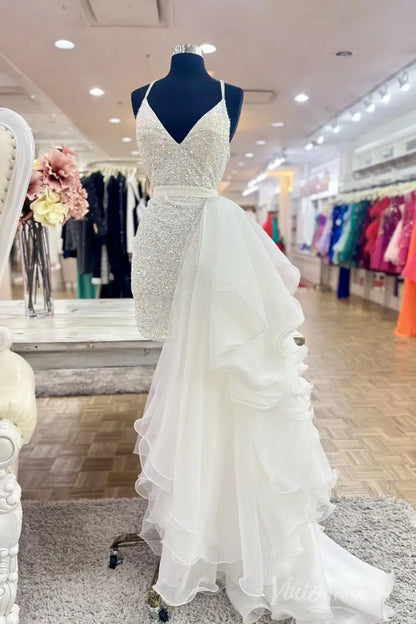 White Sequin Pageant Dress with V-Neck Spaghetti Straps, Layered Ruffle Tulle Overskirt – PG005-prom dresses 2025 -Viniodress-Ivory-Custom Size-