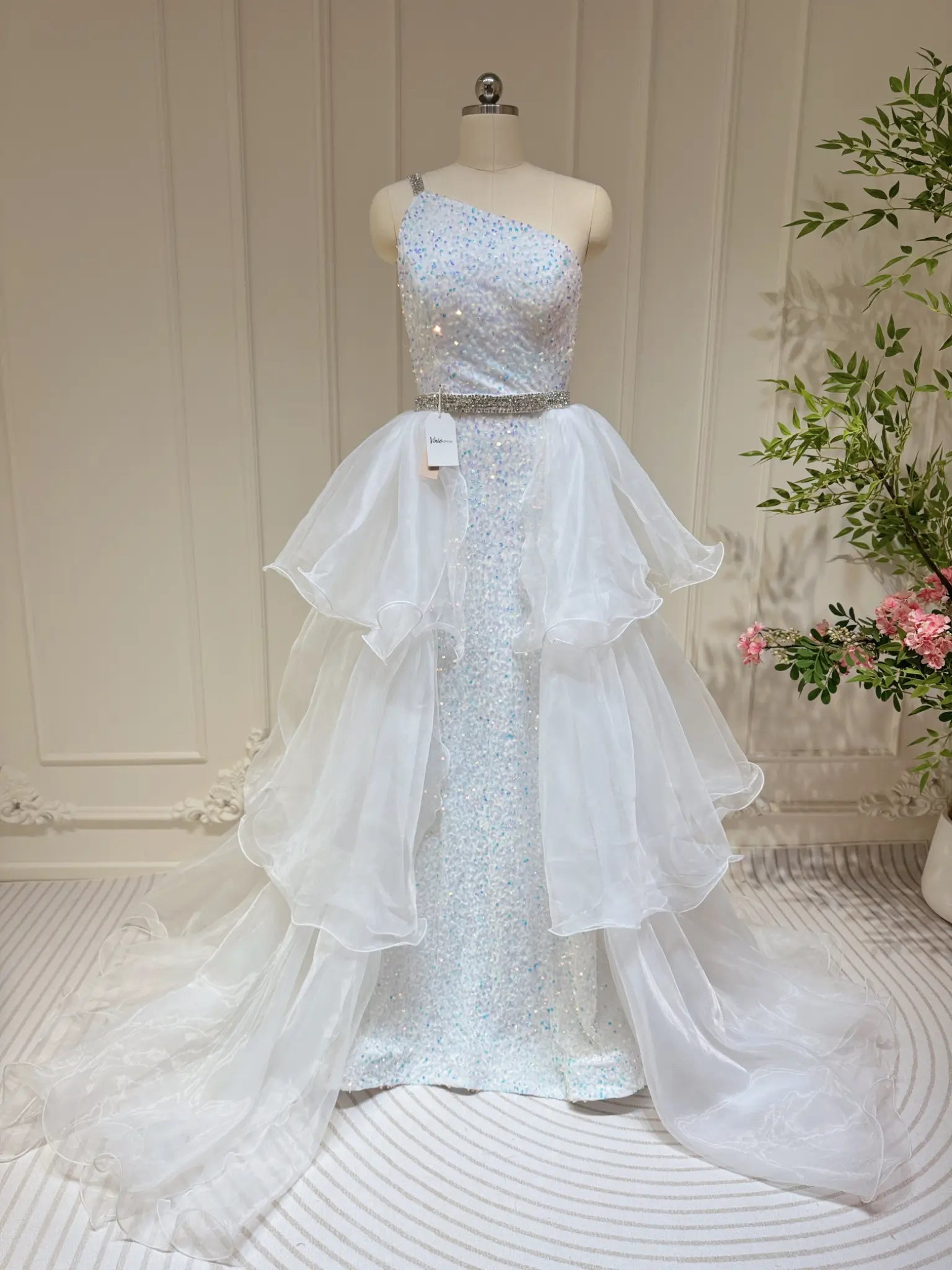 White Sequin Prom Dresses One Shoulder Sheath Pageant Dress with Tiered Ruffle Organza Skirt FD3197-prom dresses 2025 -Viniodress-White-Custom Size-