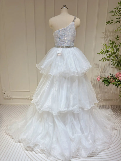 White Sequin Prom Dresses One Shoulder Sheath Pageant Dress with Tiered Ruffle Organza Skirt FD3197-prom dresses 2025 -Viniodress-White-Custom Size-