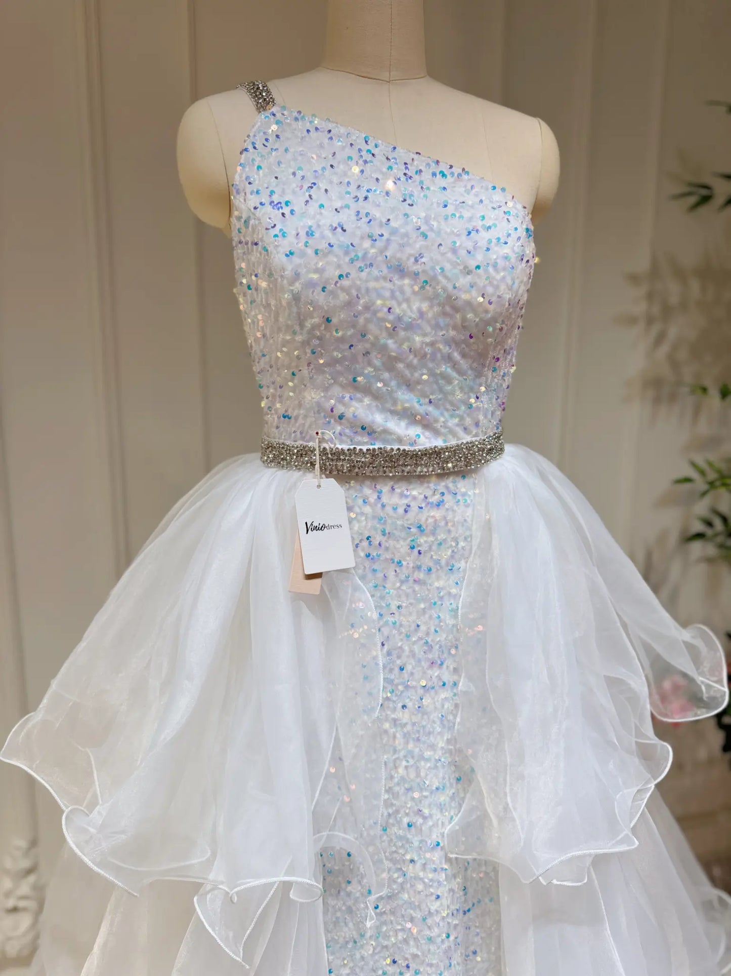 White Sequin Prom Dresses One Shoulder Sheath Pageant Dress with Tiered Ruffle Organza Skirt FD3197-prom dresses 2025 -Viniodress-White-Custom Size-