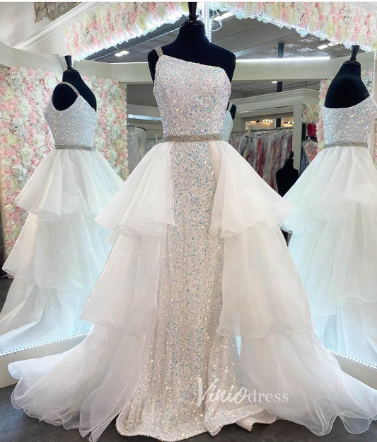 White Sequin Prom Dresses One Shoulder Sheath Pageant Dress with Tiered Ruffle Organza Skirt FD3197-prom dresses 2025 -Viniodress-White-Custom Size-