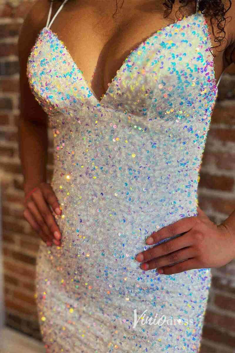 Prom Dress 2025 White Sequin Prom Dresses Spaghetti Strap Mermaid Evening Dress FD3397-unique prom dresses-White-Custom Size-Viniodress