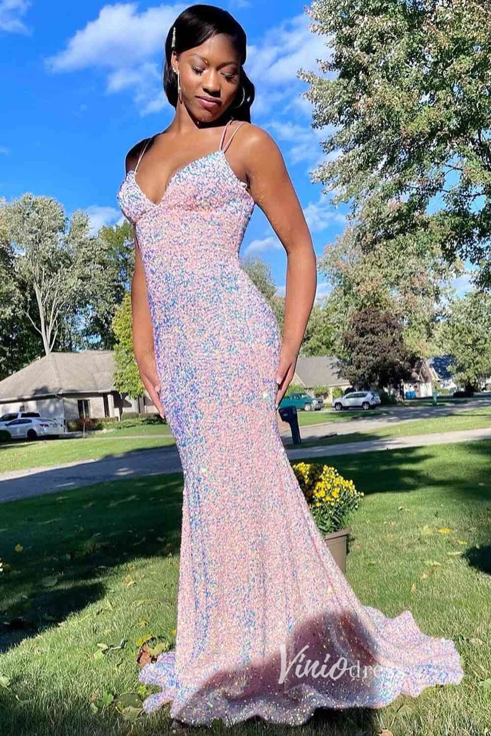 Prom Dress 2025 White Sequin Prom Dresses Spaghetti Strap Mermaid Evening Dress FD3397-unique prom dresses-White-Custom Size-Viniodress