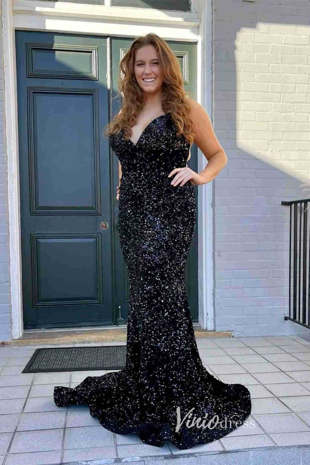 Prom Dress 2025 White Sequin Prom Dresses Spaghetti Strap Mermaid Evening Dress FD3397-unique prom dresses-Black-Custom Size-Viniodress