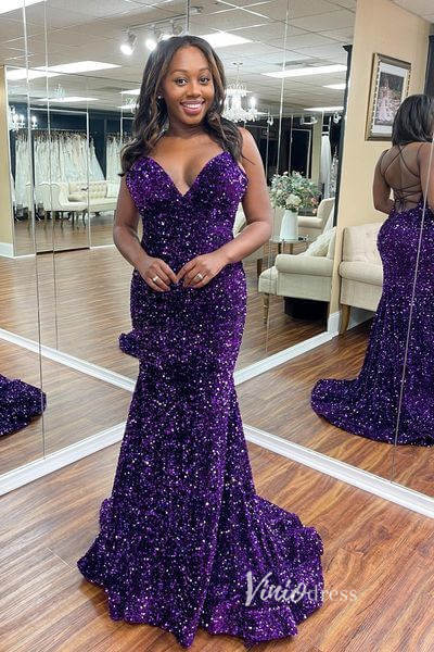 Prom Dress 2025 White Sequin Prom Dresses Spaghetti Strap Mermaid Evening Dress FD3397-unique prom dresses-Purple-Custom Size-Viniodress