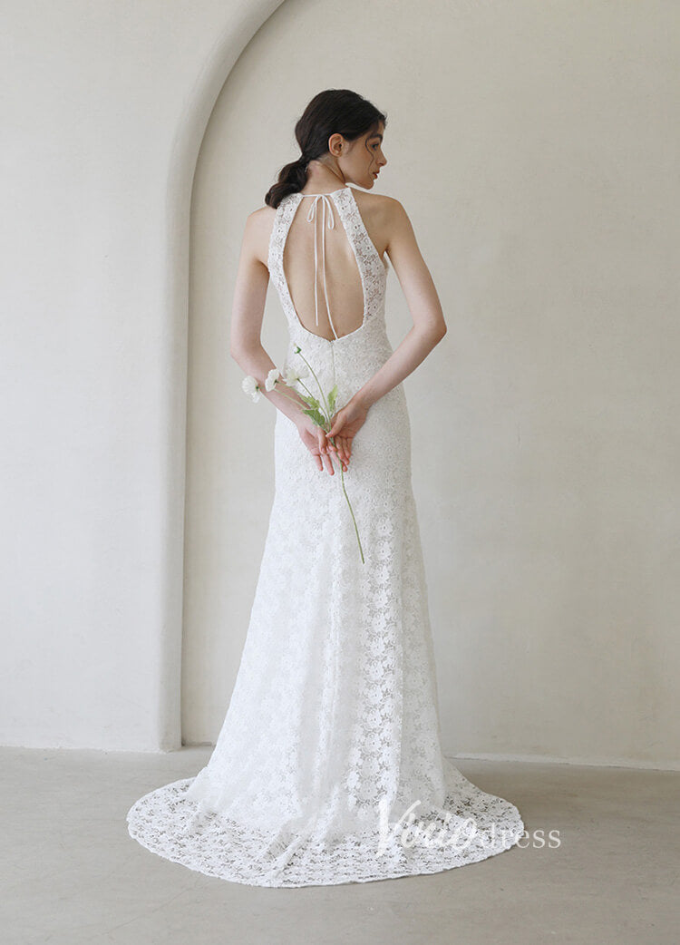 White Sheath Lace Boho Wedding Dresses Halter Neck Bridal Dress VW2198-wedding dresses-Viniodress-Viniodress