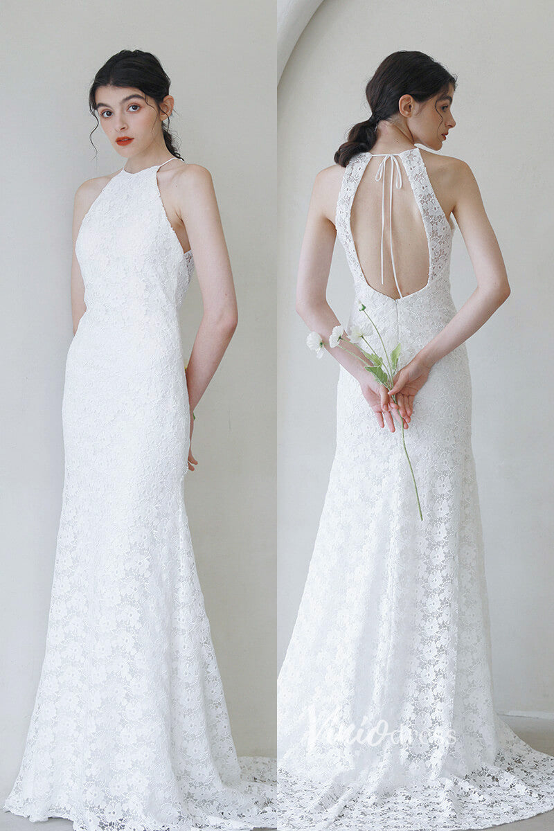 White Sheath Lace Boho Wedding Dresses Halter Neck Bridal Dress VW2198-wedding dresses-Viniodress-White-Custom Size-Viniodress