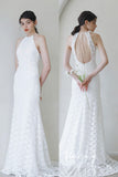 White Sheath Lace Boho Wedding Dresses Halter Neck Bridal Dress VW2198