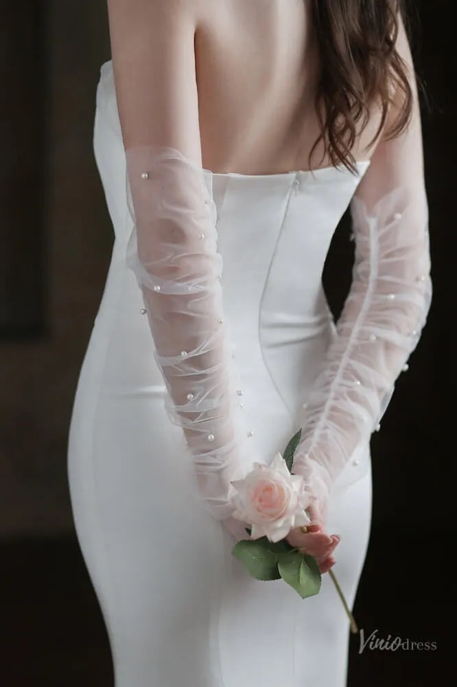White Sheer Pearl Bridal Gloves – Long Tulle Wedding Gloves for Bride WG052-Bridal Gloves 2026-Viniodress-Ivory-