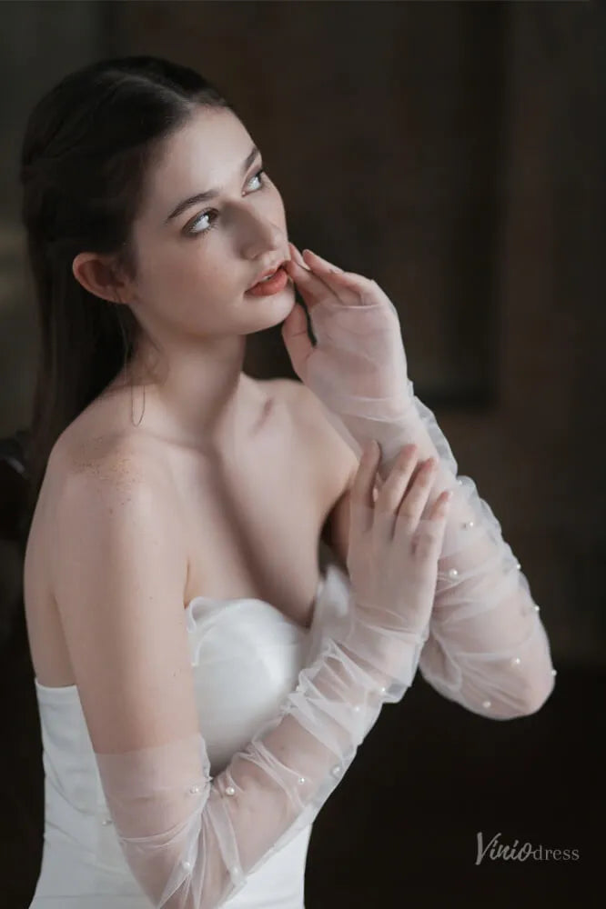 White Sheer Pearl Bridal Gloves – Long Tulle Wedding Gloves for Bride WG052-Bridal Gloves 2026-Viniodress-Ivory-
