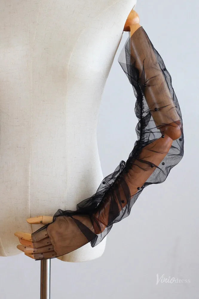 White Sheer Pearl Bridal Gloves – Long Tulle Wedding Gloves for Bride WG052-Bridal Gloves 2026-Viniodress-Ivory-