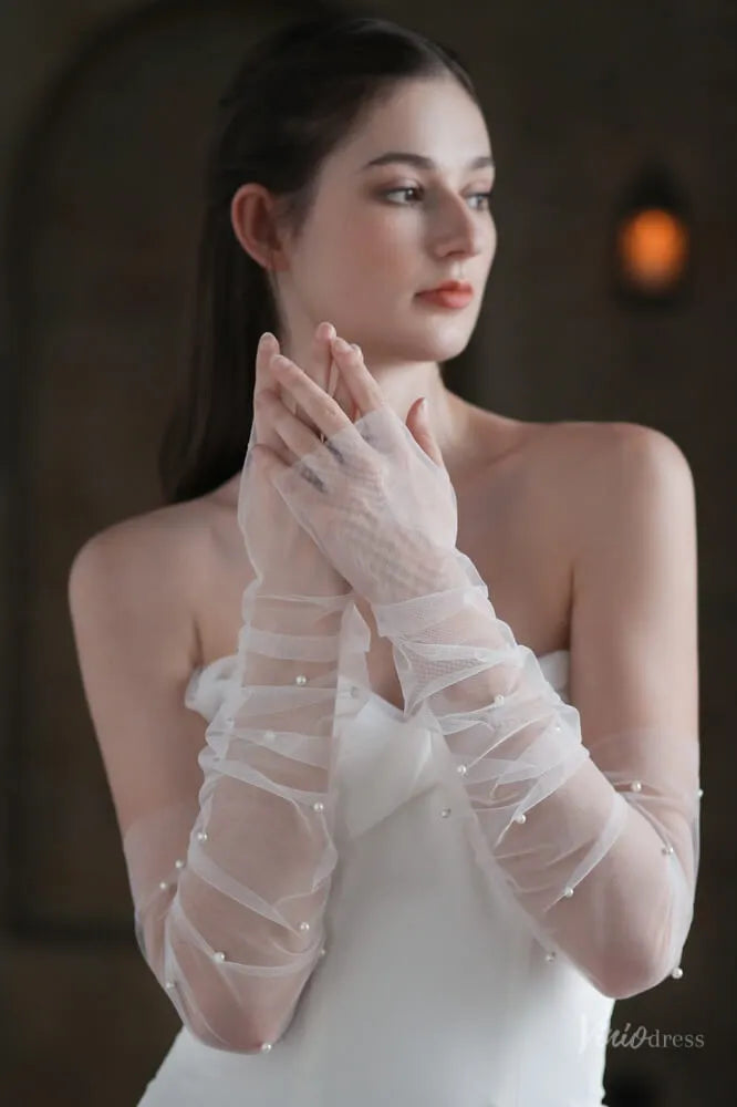 White Sheer Pearl Bridal Gloves – Long Tulle Wedding Gloves for Bride WG052-Bridal Gloves 2026-Viniodress-Ivory-