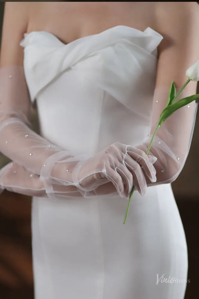 White Sheer Tulle Bridal Gloves with Crystals – Long Opera Wedding Gloves WG055-Bridal Gloves 2026-Viniodress-Ivory-