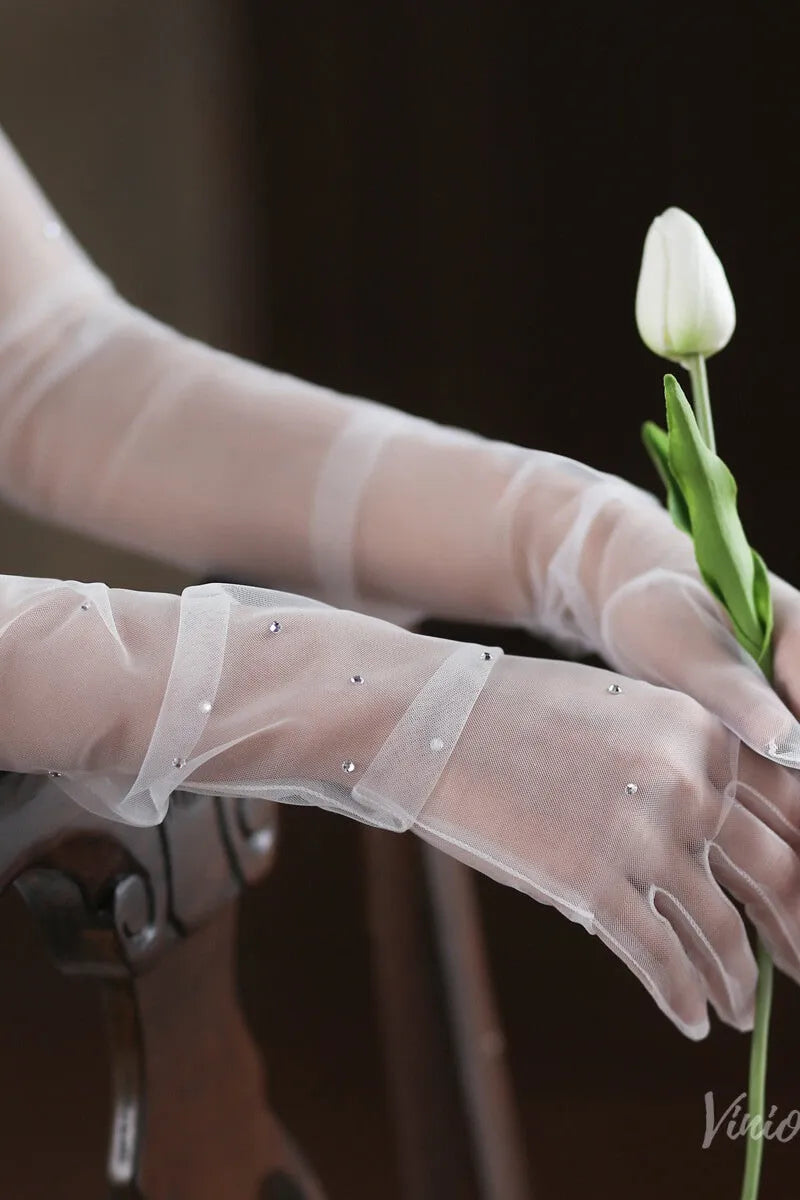 White Sheer Tulle Bridal Gloves with Crystals – Long Opera Wedding Gloves WG055-Bridal Gloves 2026-Viniodress-Ivory-