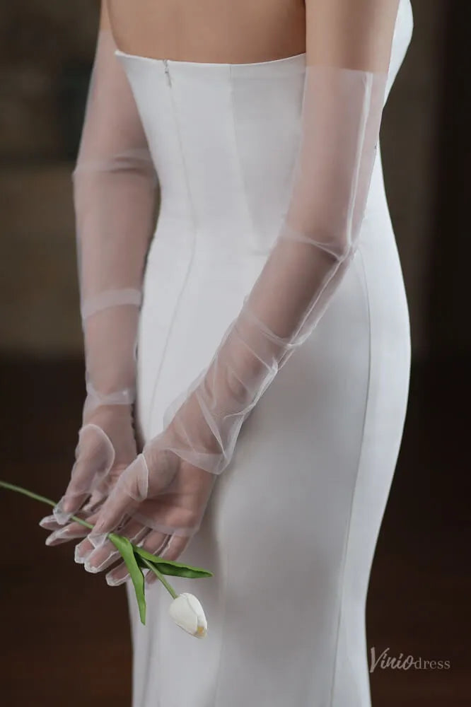 White Sheer Tulle Bridal Gloves with Crystals – Long Opera Wedding Gloves WG055-Bridal Gloves 2026-Viniodress-Ivory-