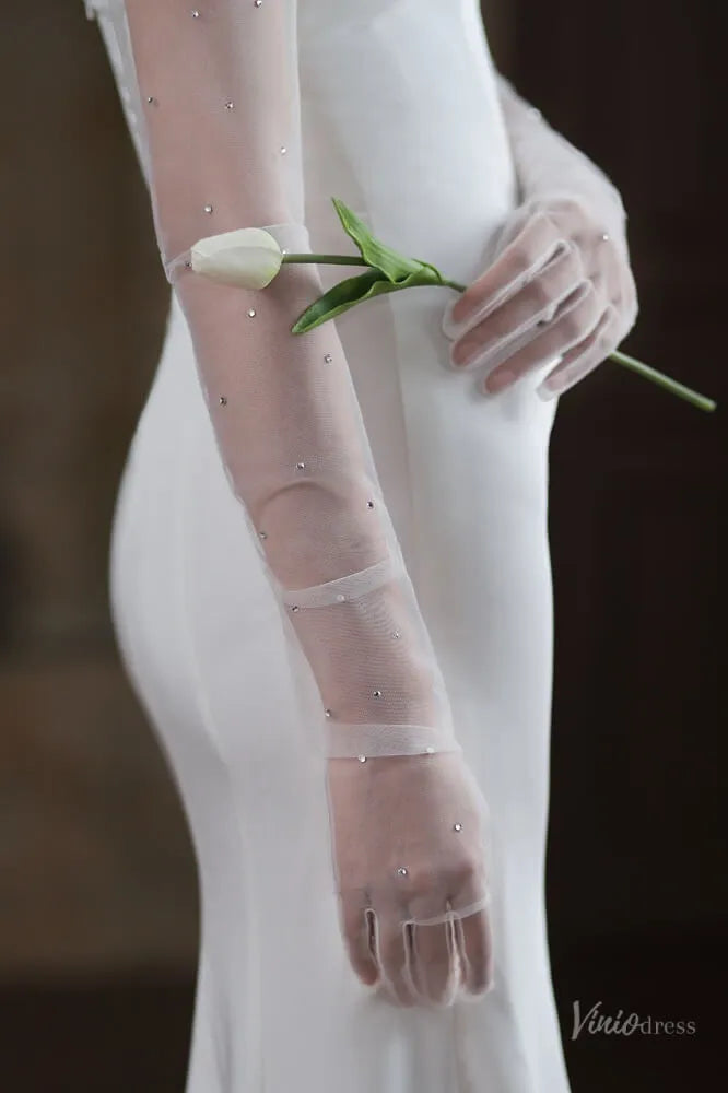 White Sheer Tulle Bridal Gloves with Crystals – Long Opera Wedding Gloves WG055-Bridal Gloves 2026-Viniodress-Ivory-