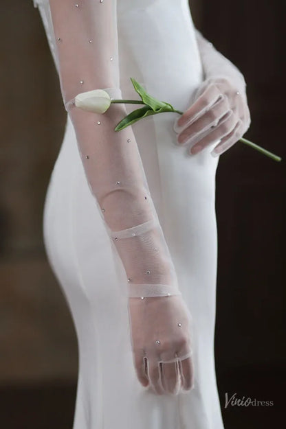 White Sheer Tulle Bridal Gloves with Crystals – Long Opera Wedding Gloves WG055-Bridal Gloves 2026-Viniodress-Ivory-