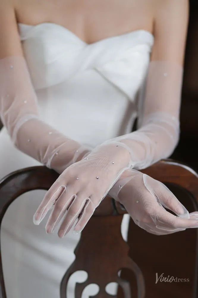 White Sheer Tulle Bridal Gloves with Crystals – Long Opera Wedding Gloves WG055-Bridal Gloves 2026-Viniodress-Ivory-