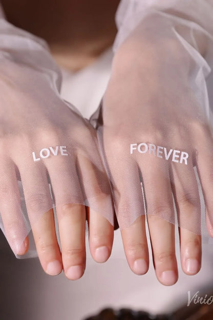 White Sheer Tulle Bridal Gloves with Embroidered Lettering – Fingerless Wedding Gloves WG221-Bridal Gloves 2026-Viniodress-Ivory-Love Forever-