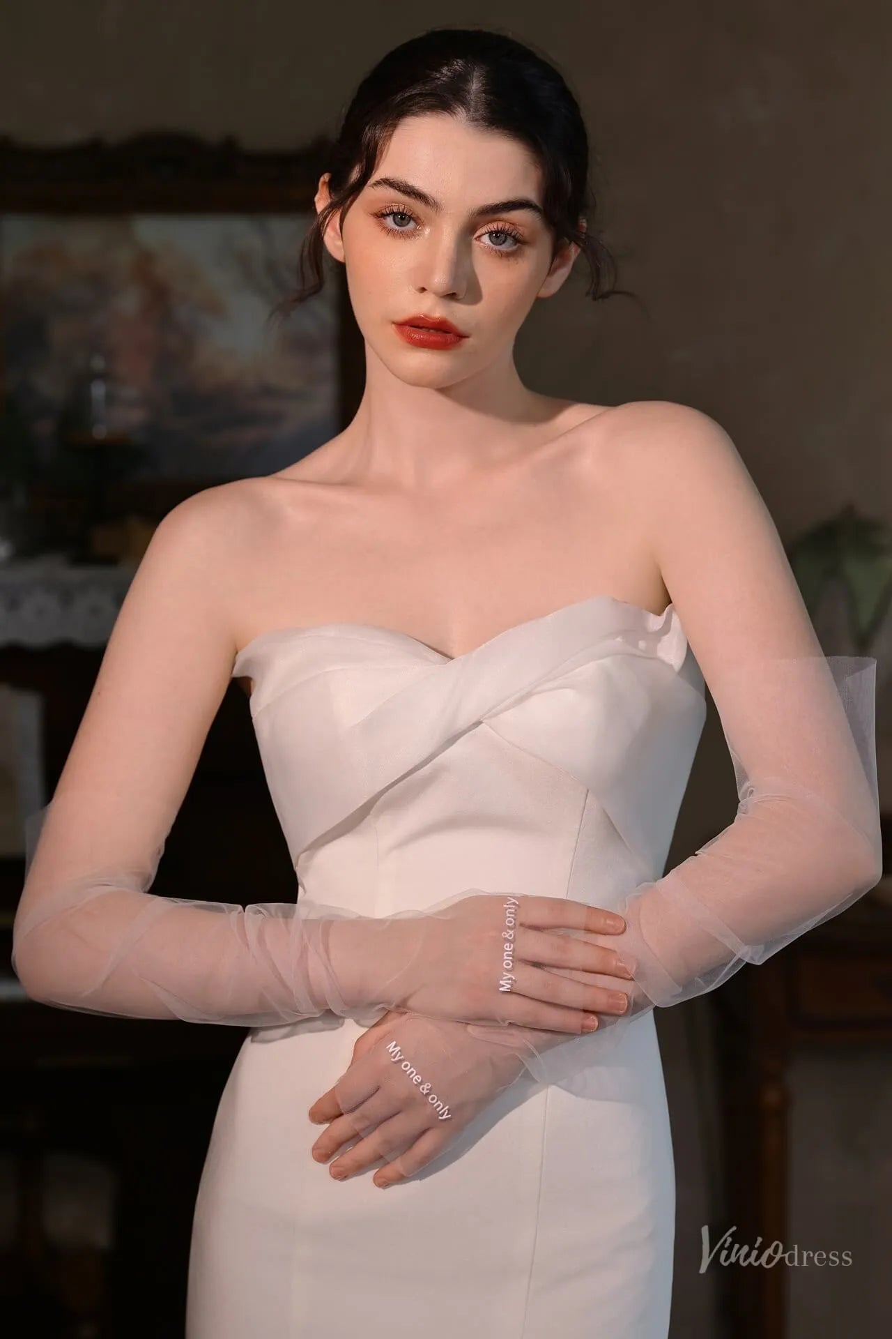 White Sheer Tulle Bridal Gloves with Embroidered Lettering – Fingerless Wedding Gloves WG221-Bridal Gloves 2026-Viniodress-Ivory-Love Forever-